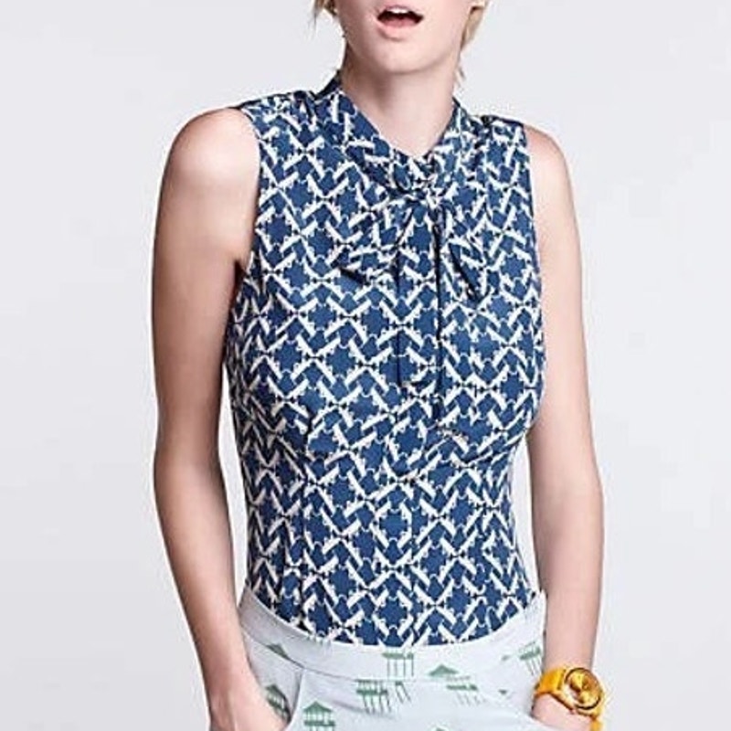 Charlotte By Charlotte Taylor Silk Sleeveless Tie Neck Blouse Blue Womens Size 4